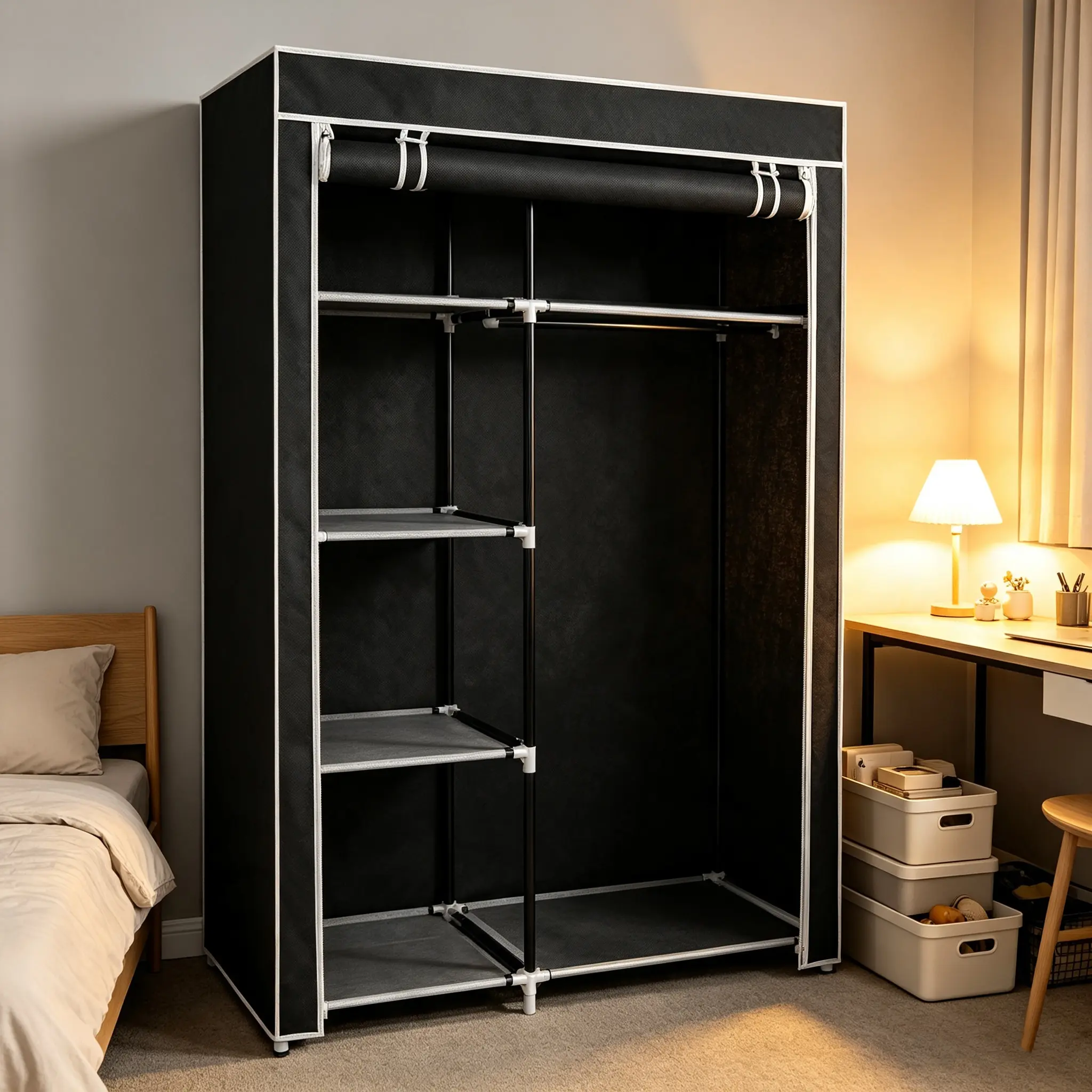 64" Modern Portable Wardrobe Closet Organizer with Shelves, Apartment Furniture for Storage Organization, Black Clothes Rack, Clothes Organiser, Multi Layer Wardrobe