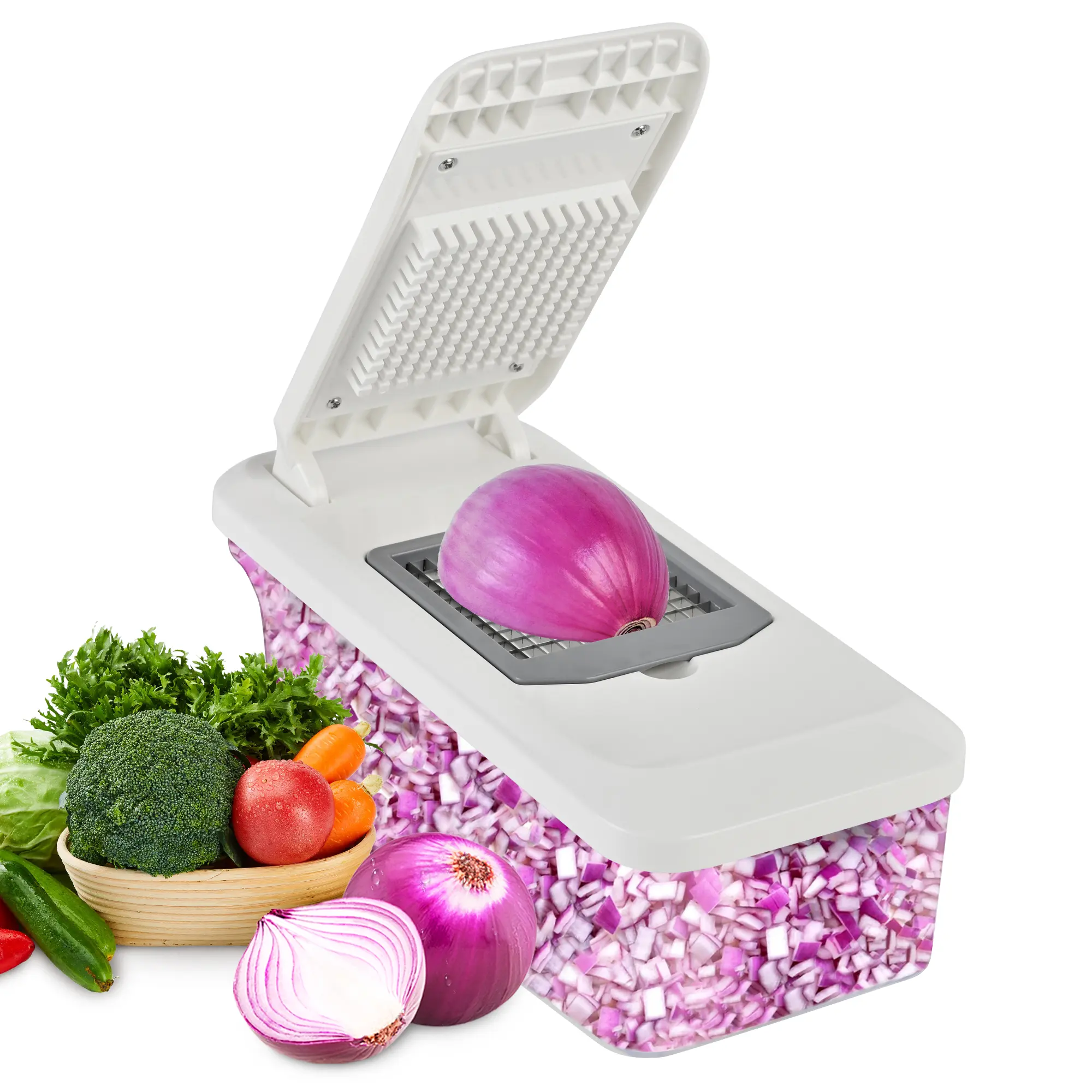 SUSTEAS 10-in-1 Rectangular ABS Plastic Fruit & Vegetable Slicer - 6-Blade Pro Food Chopper, Mandoline, Onion Potato Dicer, Vegetable Grater, Lemon Squeezer, Kitchen Utensils & Tools and Gadgets (Grayish White)