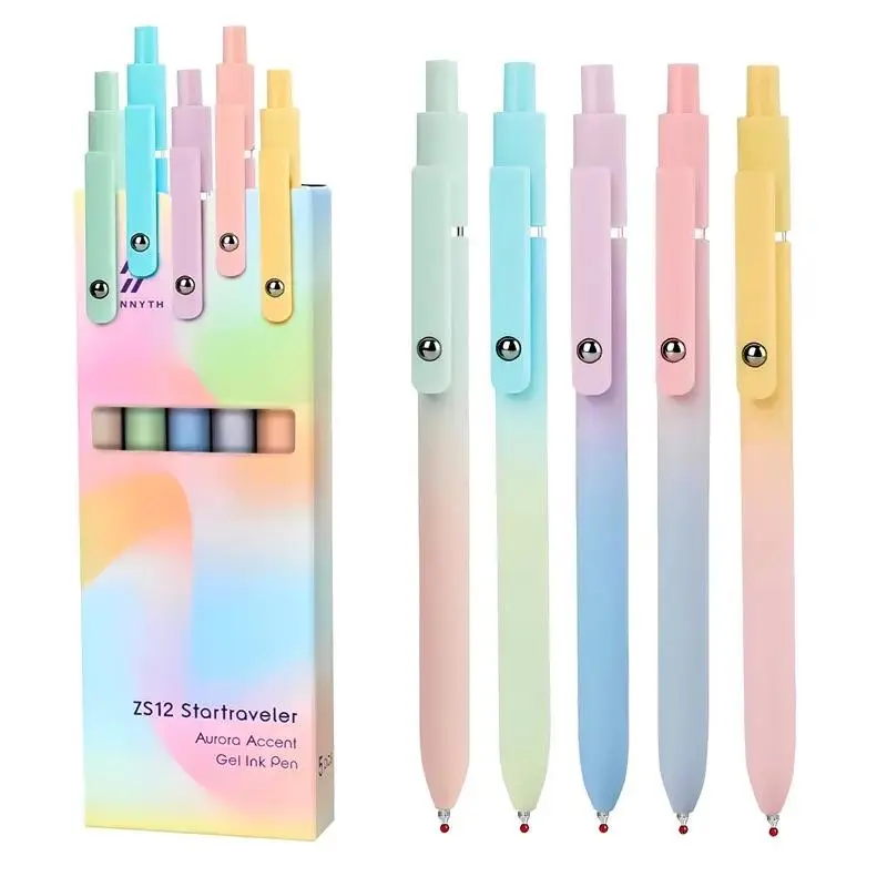 5Pcs 0.7mm Rainbow Gradient Press Gel Pens, Quick-Drying Smooth Writing Pens, fun desk supplies，Portable Ballpoint Pen Set for Students, Nurses, Office, School & Daily Use, Cute Stationery Supplies  exam Dry Black  Colorful with Comfort practice cool