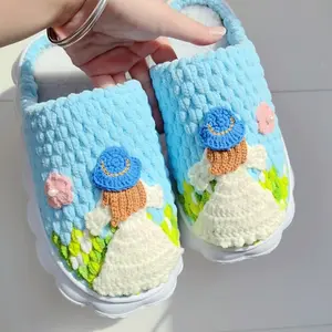New Backless Girl Purely Handmade Crochet Slippers/Mules with Cloud Sole and Puff Flower Design, Handwoven