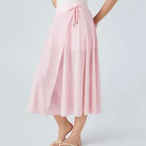 Halara High Waisted Drawstring Contrast Mesh 2-in-1 Side Pocket Flowy Midi Flare Casual Skirt Retro Breathable Coverage Comfortable Breezy Elastane Womenswear