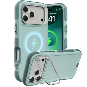 3‑in‑1 heavy‑duty shockproof phone case compatible with iPhone 17, 17 Plus, 17 Pro, and 17 Pro Max series; three‑layer all‑around protection; sturdy and durable; thickened MagSafe case with kickstand; polyester fiber lining; supports magnetic wireless cha