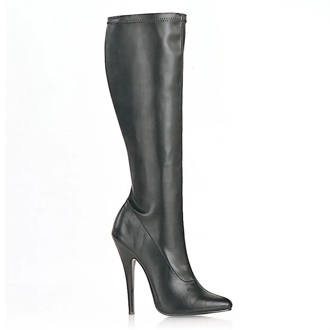 Pleaser Domina-2000 Women's Knee-High Boots, Plain Stretch Black Vegan Leather with 5.5" Stiletto Heel and Inner Side Zipper