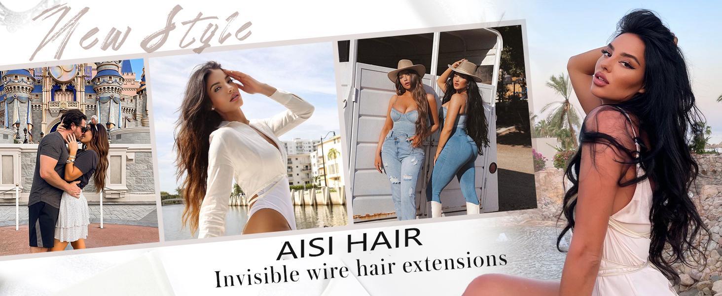 AISI HAIR Invisible Wire Hair Extensions with Transparent Wire clip in Hairpieces for Women Long Curly Wavy Flexible & Adjustable Synthetic Wiglets