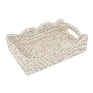 Small Scalloped Rattan Tray in Cream