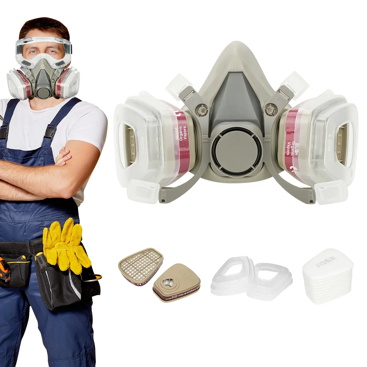 Reusable Respirator Gas Mask with Filters and Safety Goggles, Dustproof Paint Spray Protective Mask for Chemical Work Construction Dual Industrial Set