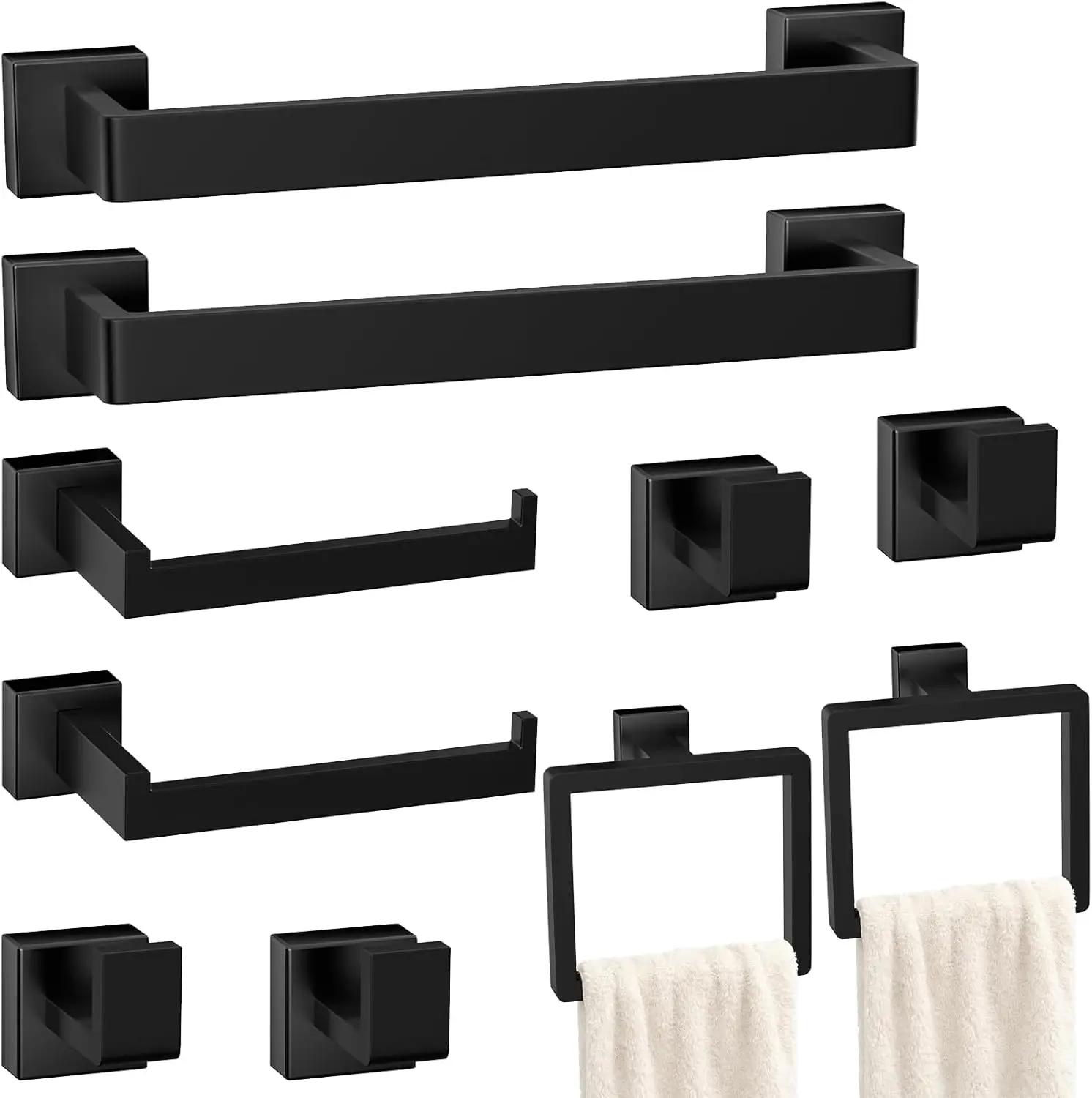 10-Piece Matte Black Stainless Steel Bathroom Hardware Accessories Set - Modern Towel Hooks, Anti-Slip Hooks, 16in Wall-Mounted Towel Rack, Drilling Installation, Bedroom Accessories for Multi-Use Areas