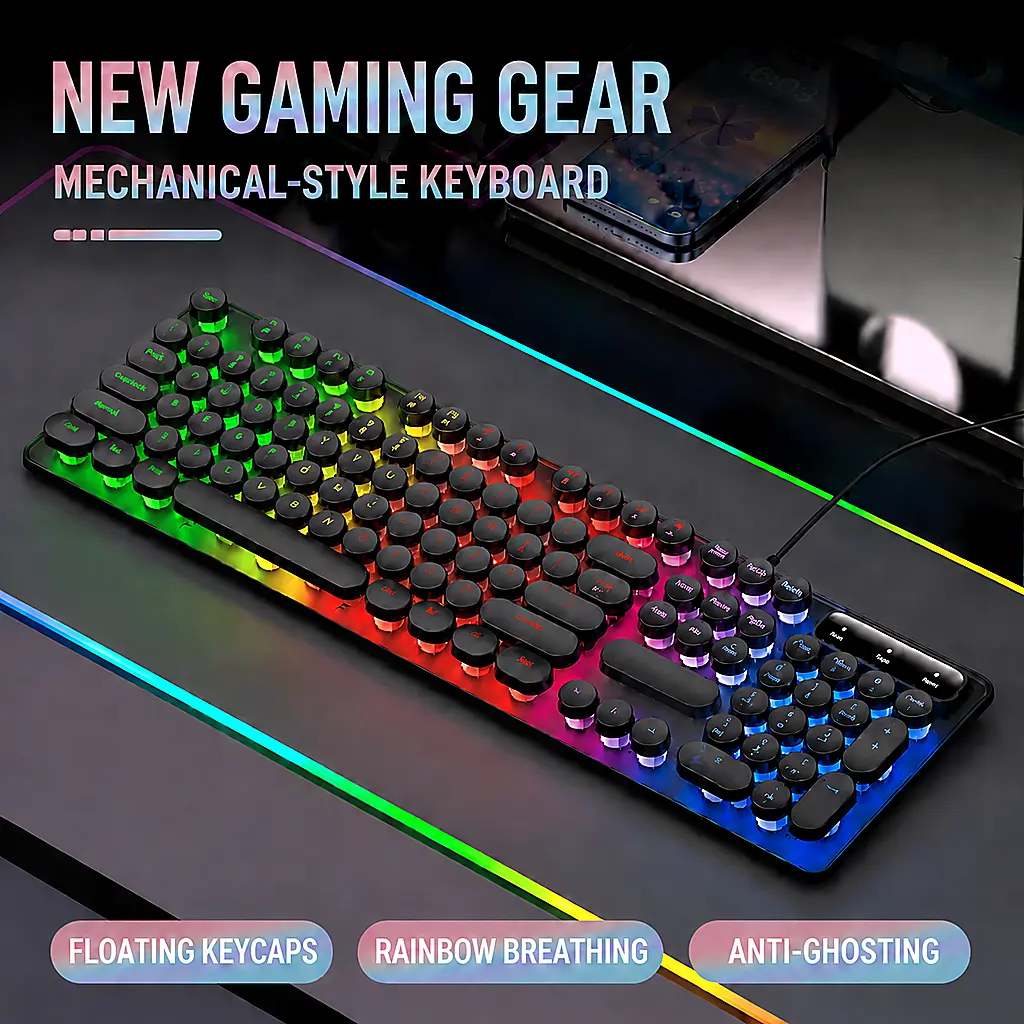 USB Wired Gaming Keyboard with Rainbow Backlight, Mechanical-Style Round Keycaps, Floating Key Design and Ergonomic Support for PC and Laptop