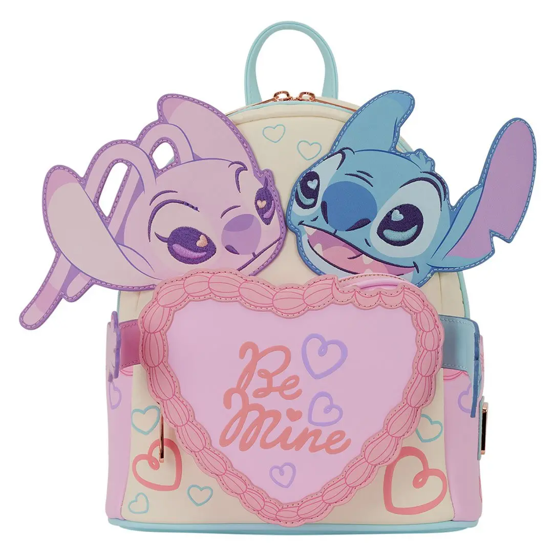 Loungefly Disney Women's Faux Leather Mini Backpack Purse - Stitch & Angel Design, 9”w x 10.5”h x 4.5”d, Debossed Heart Motif Pocket, Puff Print, 3D Bow Detail, Adjustable Strap, Valentine's Day Lovely Casual Backpack for Adults