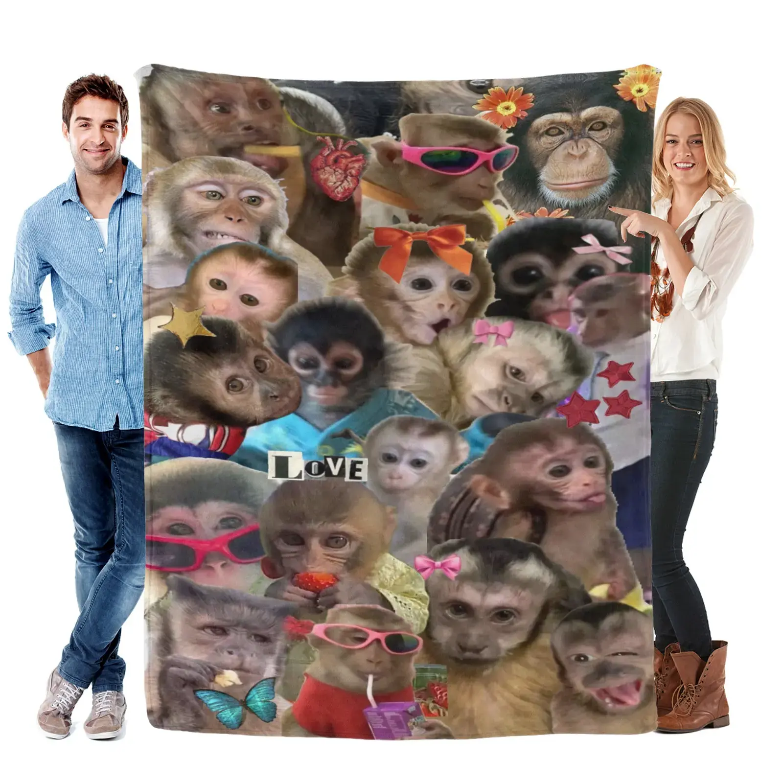 Funny Monkey Face Blanket, soft flannel throw for home decor and camping, a unique gift for animal lovers, warm and durable design, Christmas gift.
