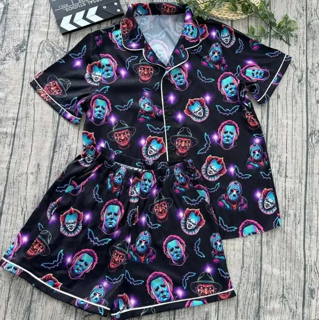 [Youth & Adult] Bundle Halloween Premium Satin Pajama Short and Long Set for Women and Kids, Horror Movie Character Satin Sleepwear, Casual Loungewear, Halloween Gift for Her, Halloween Party Outfit