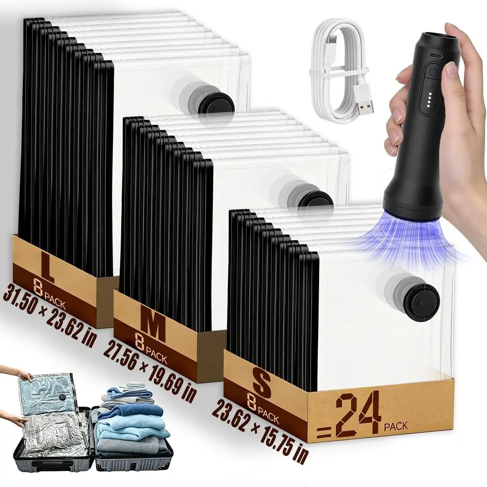Vacuum Seal Bags Bundle with Cordless Rechargeable Pump - Waterproof, Resealable, Efficient Air Extraction - All Seasons Luggage Storage for Household Bedding