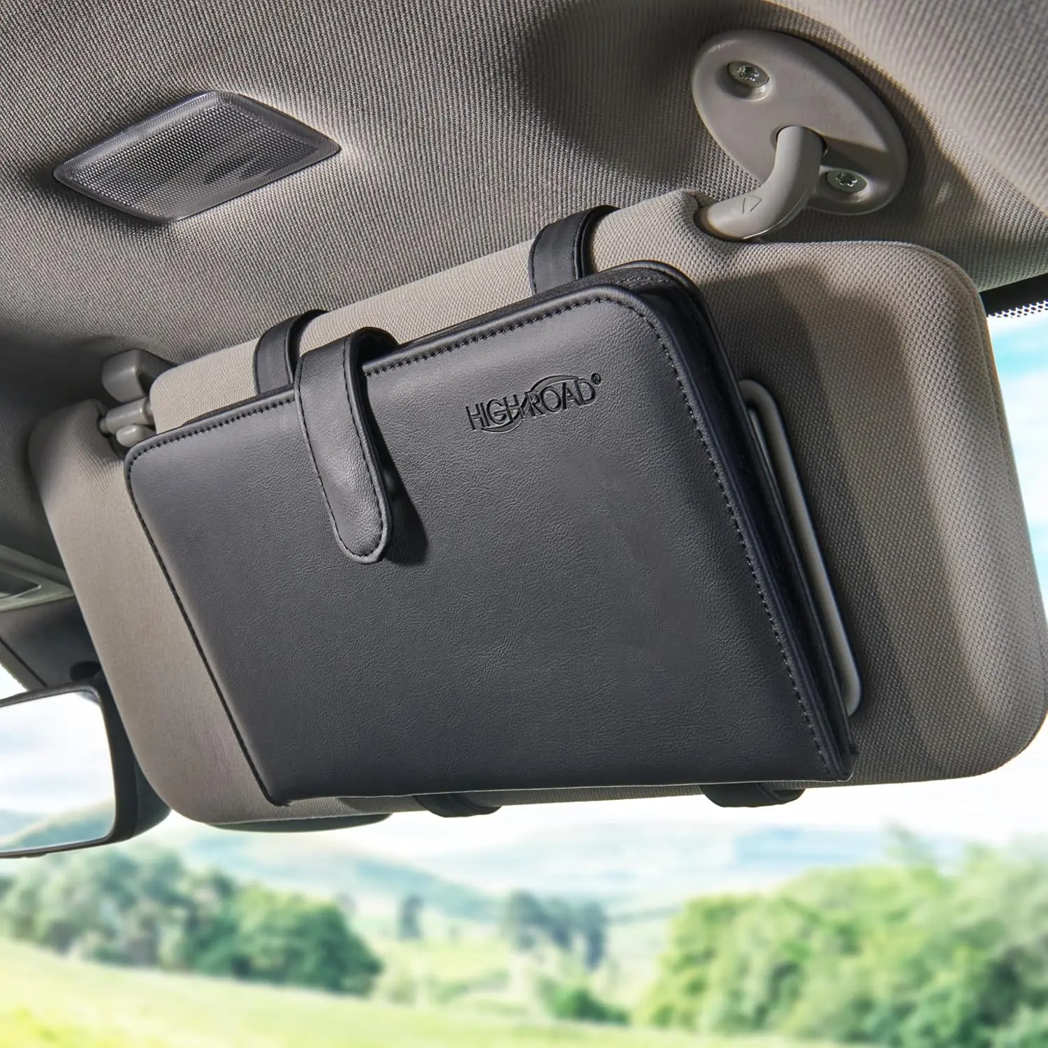 Faux Leather Car Document Holder - Slim Magnetic Tab Car Visor Organizer with 6 Transparent Pockets, Pen Loop, Full-Width & Card-Sized Slots for Registration, Insurance Cards