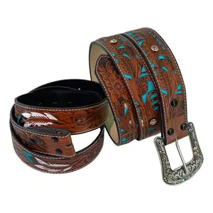 Western Cowboy Feather Pattern Belt with Decorative Buckle, Boho Ethnic Style Waist Belt for Women and Men, Vintage Cowboy Inspired Fashion Belt, Stylish Belt Accessory for Daily Outfit