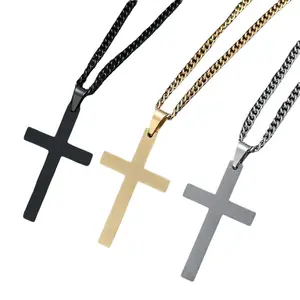 Christian Jesus Single Titanium Cross Necklaces Pendants Stainless Steel Choker for Women & Men Gold Silver Black Prayer Jewelry 50cm-60cm Chain