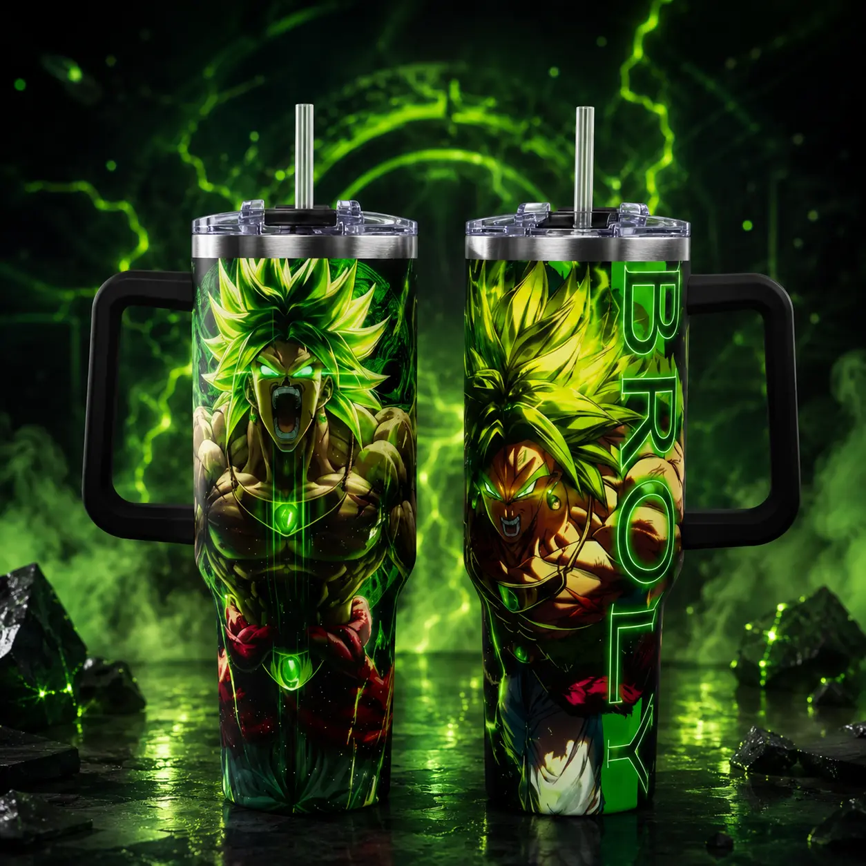 Anime Print Broly Tumbler Cup - 40oz Stainless Steel Vacuum Insulated Flask, Leak-Proof, Heat Resistant, Portable with Handle & Straw, Kitchen Drinkware for Anime Fans