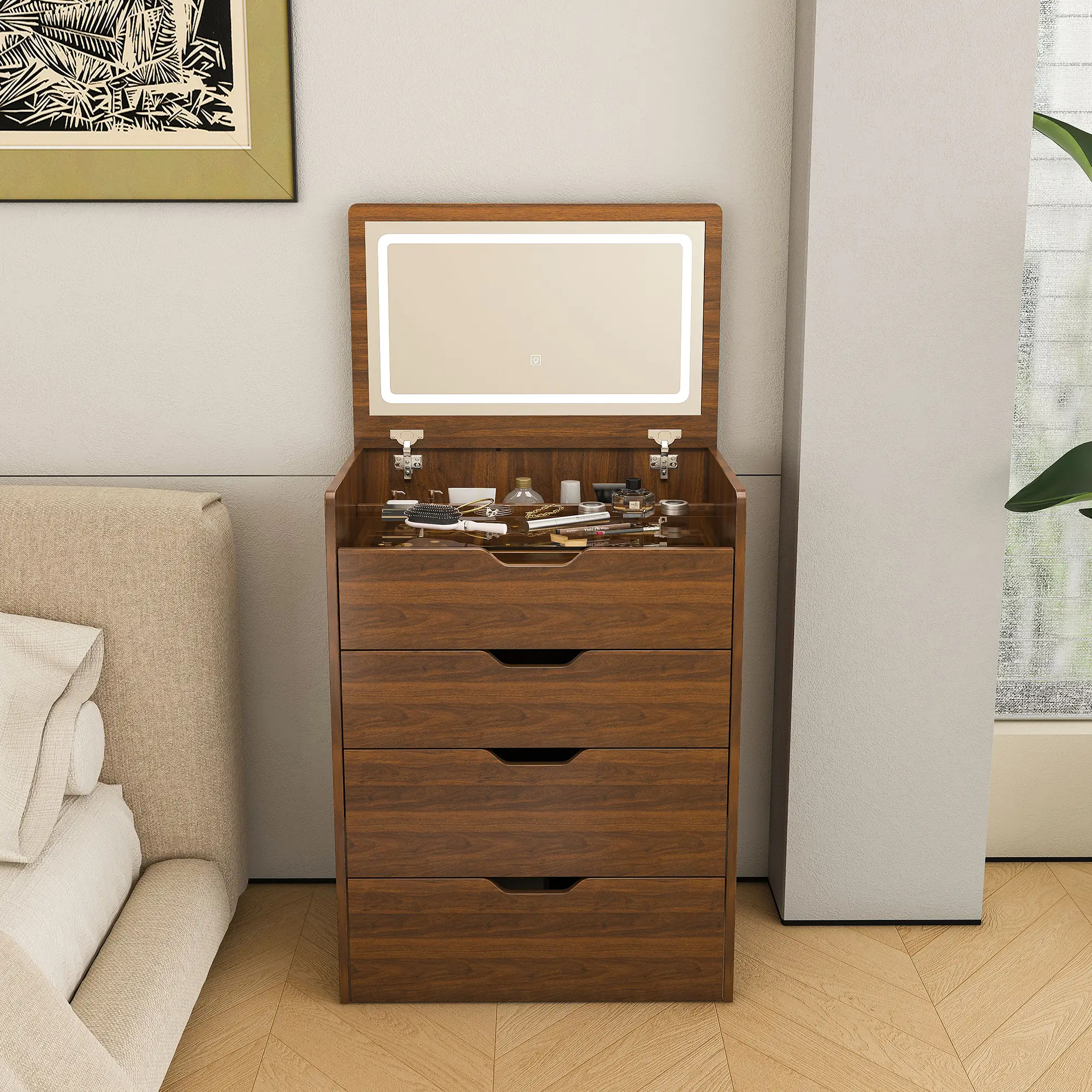 Walnut 2-in-1 Makeup Vanity Desk with Lighted Mirror & Stool, Sturdy Stable Flip-Top Dressing Table, Compact Vanity Organization Storage for Bedroom (23.62"L, Assembly Required)