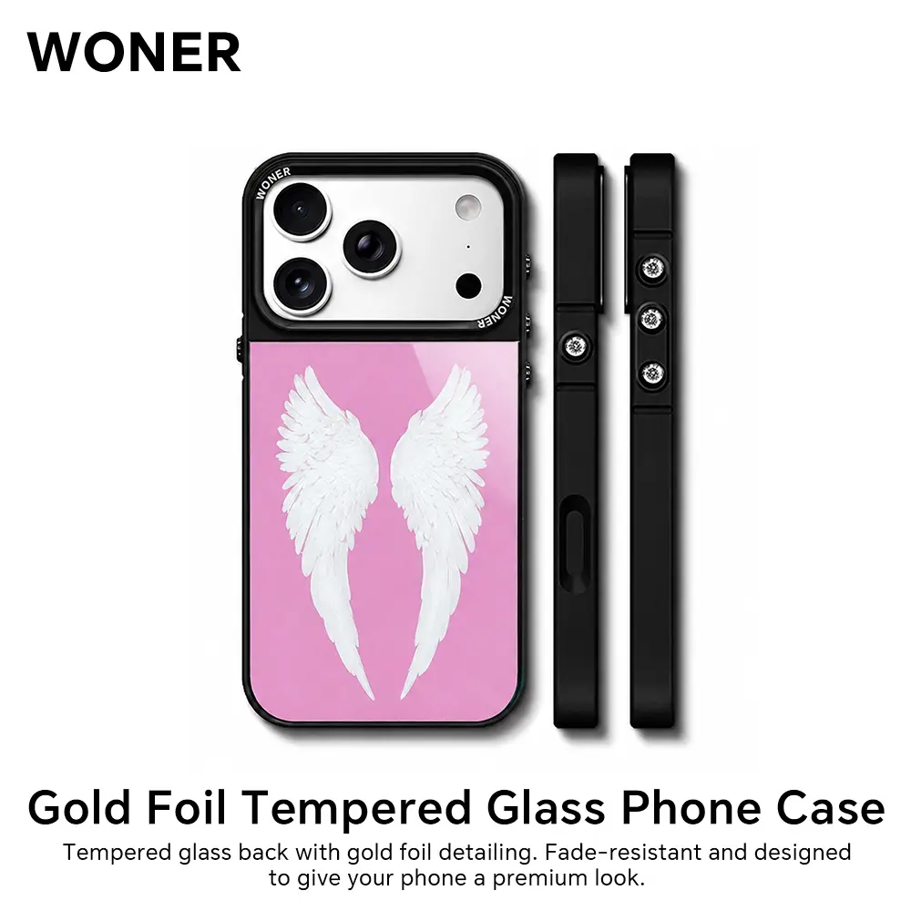 Aivona Magnetic Phone Case with Angel Wings, Rhinestones, Round Buttons for iPhone 17/16/15 Pro Max, MagSafe-Compatible, Pink, High-Quality Tempered Glass Phone Accessory for Women, Accessories