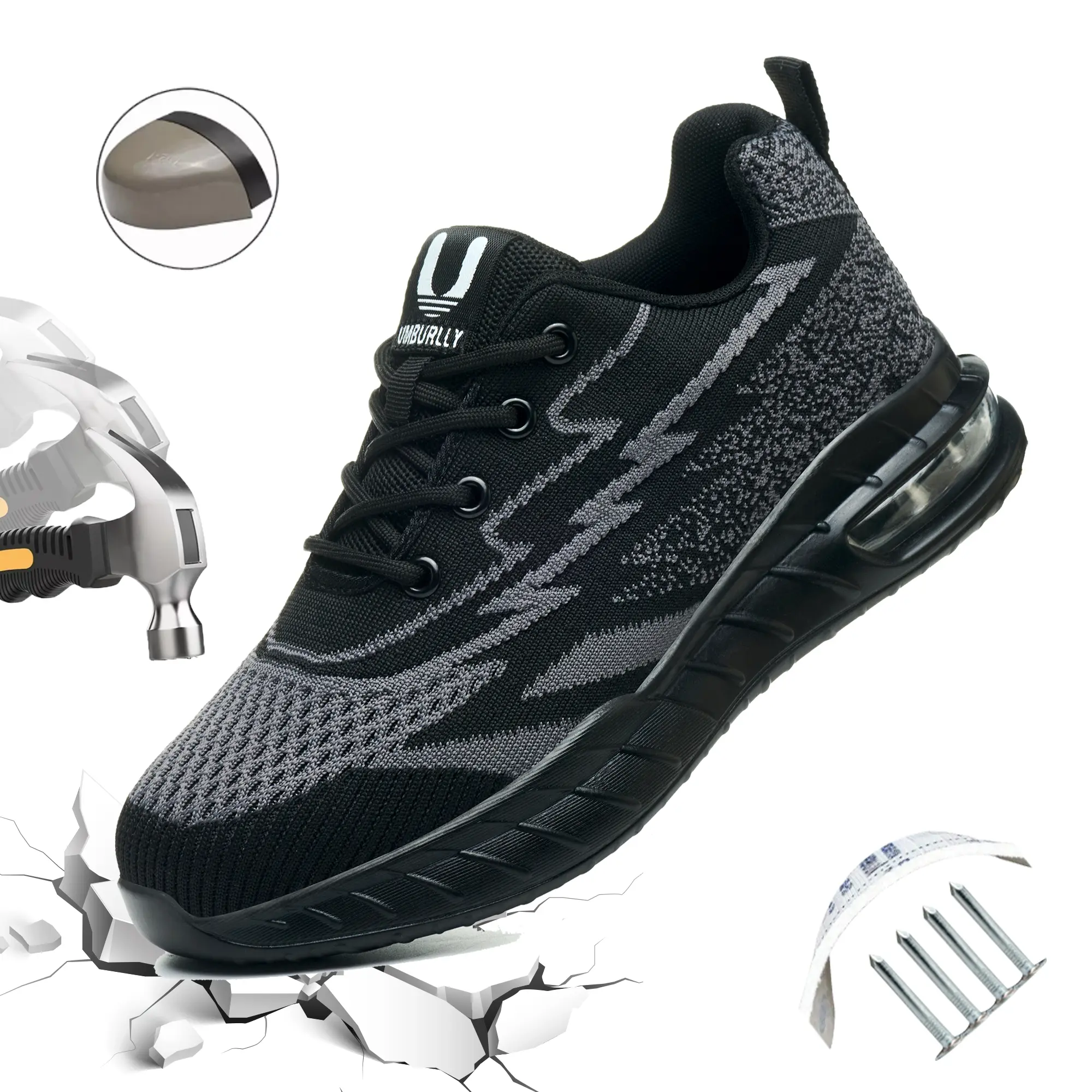 Women’s safety shoes with impact protection, European standards, wide toe box, steel toe cap, Kevlar puncture resistance; lightweight, breathable, stylish black women’s work shoes suitable for outdoor construction sites, factories, workshops, all-season w