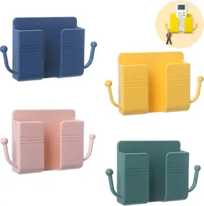 4Pcs Wall Mount Phone Holder Adhesive Wall Phone Mount Charging Stand and Remote Control Stand Multipurpose Socket Pocket Universal Deck Storage Box for Bedroom, Kitchen, Bathroom, Office