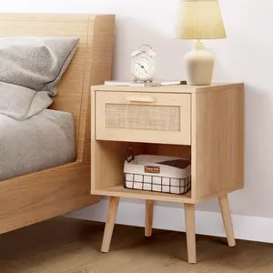 VOWNER Rattan Nightstand with Drawer and Shelf, Bedside Table with Wooden Leg for Bedroom, Living Room, Apartment Furniture