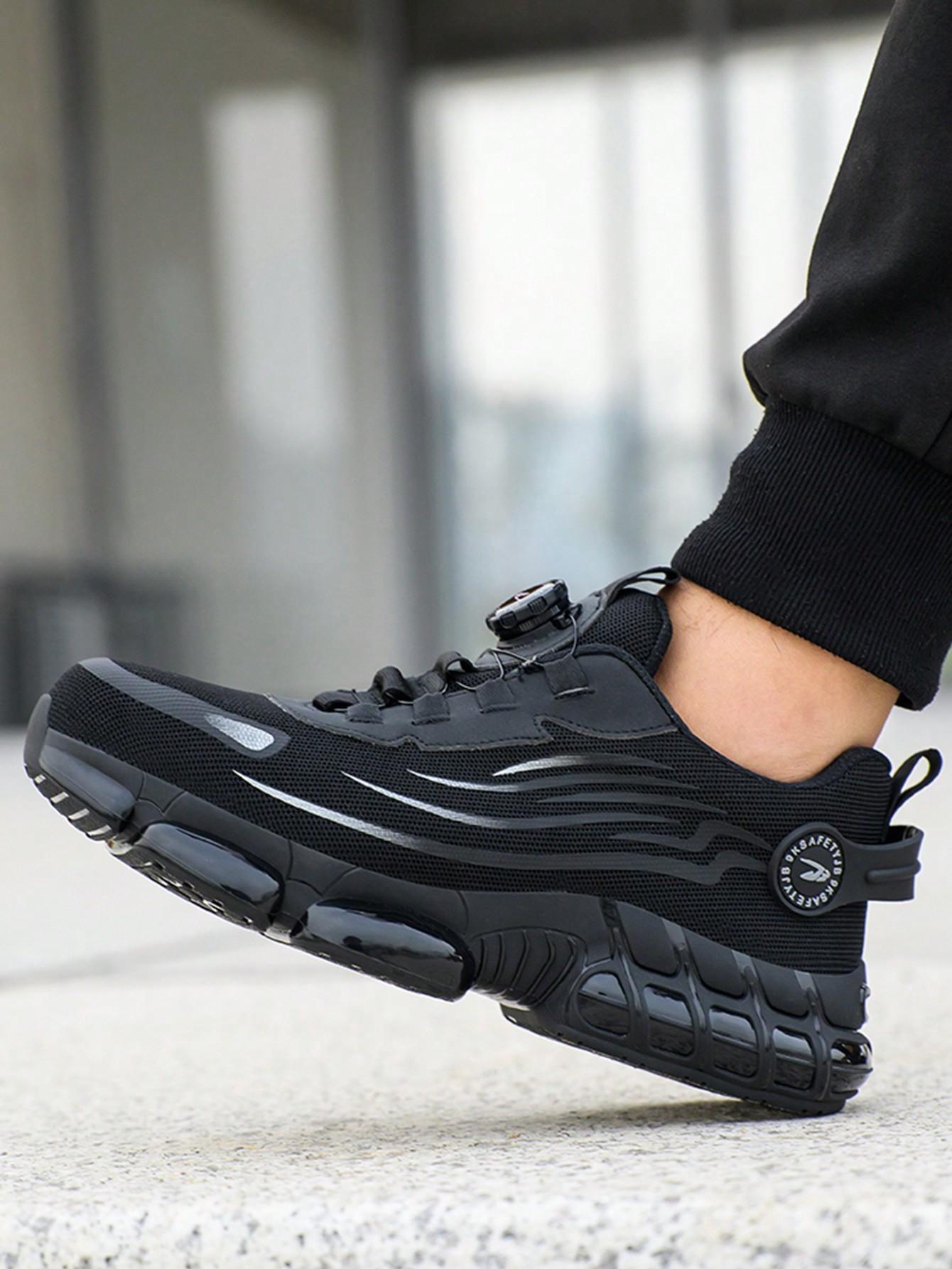 Men's Breathable Mesh Work Sneakers Durable Anti-Slip Safety Shoes with Steel Toe Protection Comfort Fit for All Seasons Casual Striped Design Elastic Closure Non-Slip EVA Sole Black Gray Soft Bottom Fabric Upper TPU Outsole