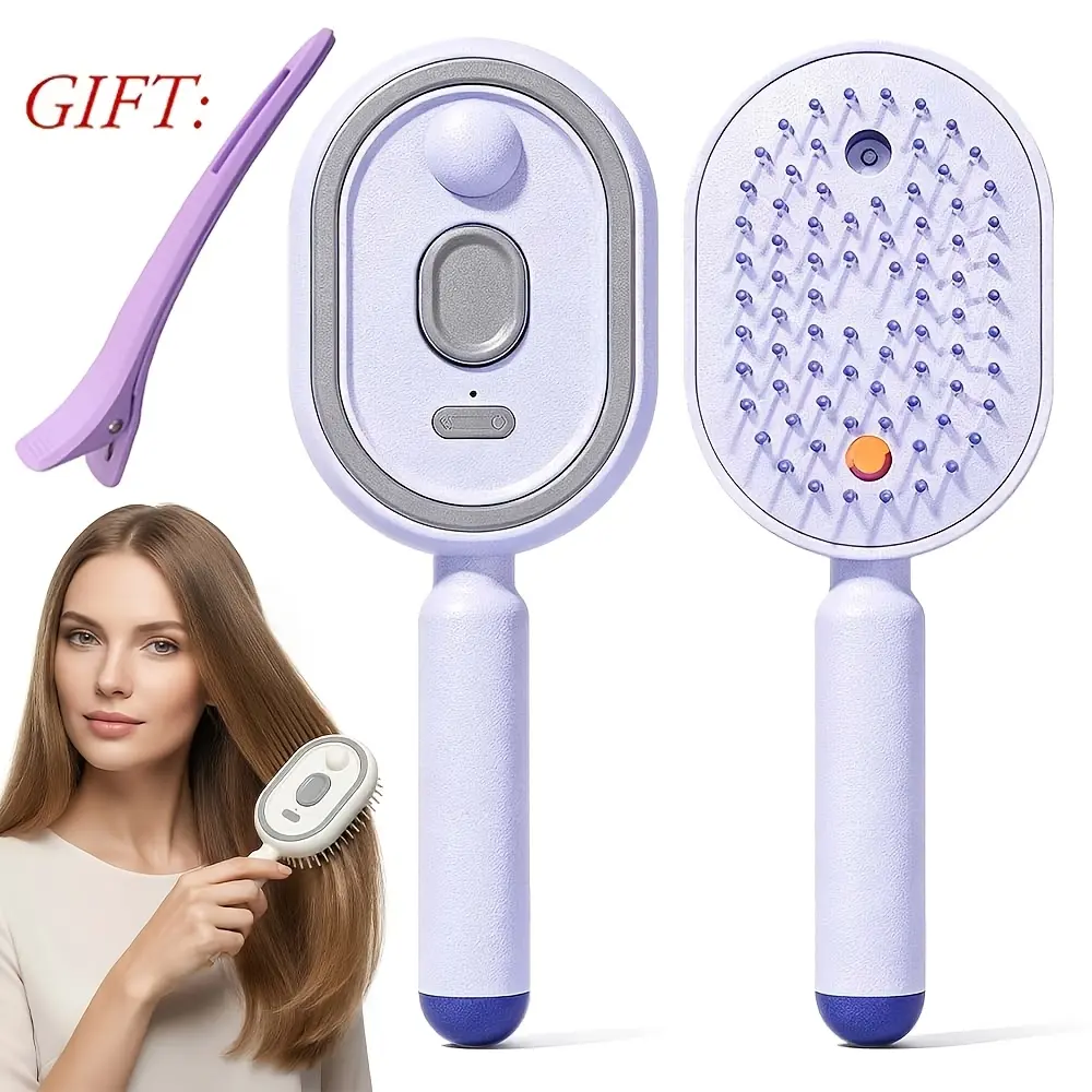 Electric Essential Oil Mist Air Cushion Massage Grooming Comb‑Self‑Cleaning, Anti‑Tangle, Anti‑Static, Red‑Light Heating Scalp Care Tool for Even Essential Oil Distribution,Not A Hair Straightener(Hair Clip Included),Birthday Gift for Women