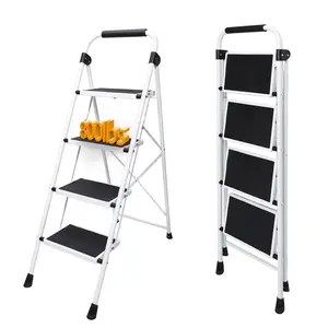 44 Inch Iron Stepstool, 4 Folding Stepstool with Non-Slip Pedals and Comfortable Handrails, Sturdy Steel Ladder Portable Heavy Duty Stepstool for Kitchen, Garage and Outdoor Use, black