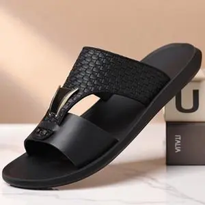 Summer Secret Men's Black PU Leather Sandals with Arch Support Anti-Slip Sole Comfortable for Wide/Narrow Feet Stylish Beach & Indoor Slippers US6.5-US13