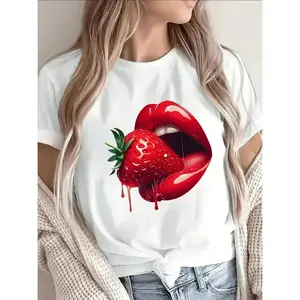 Vivid Red Lipstick Strawberry Graphic Tee Bright Juicy Fruit Lover Shirt Trendy Fashion Top Summer Gift for Her Casual Wear