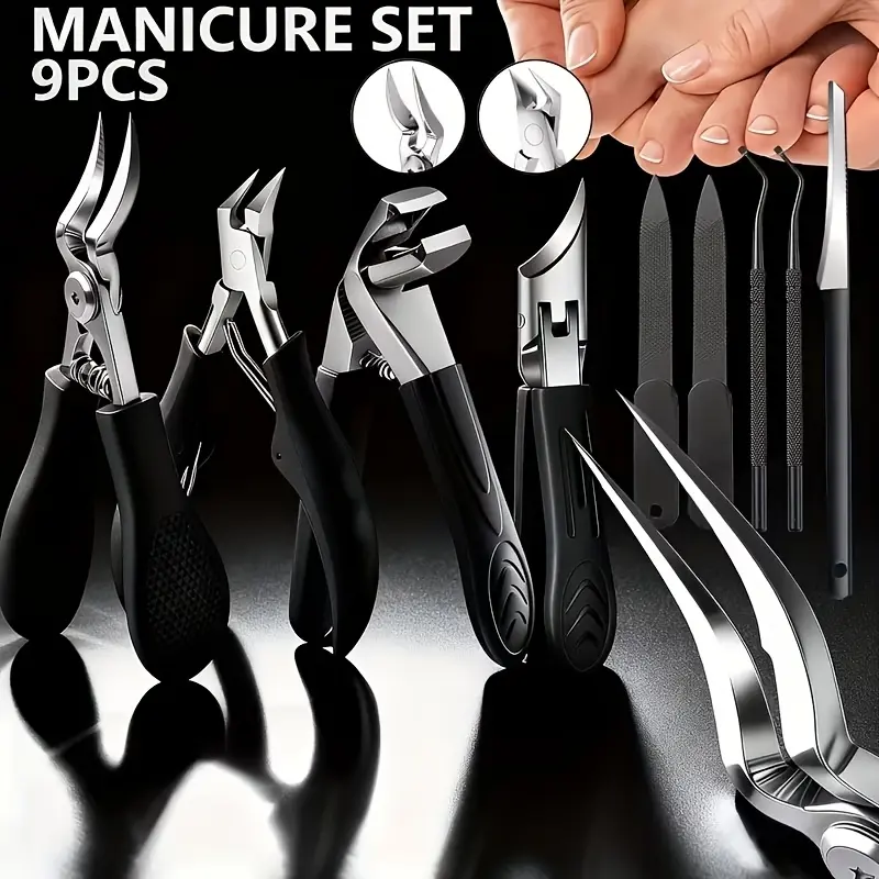 9PCS Thick Nail Clipper Set – Sharp Wide Jaw Toenail Clippers for Ingrown & Hard Nails, Professional Stainless Steel Nail Care Kit, Nails Set, Hard Nail Cutting