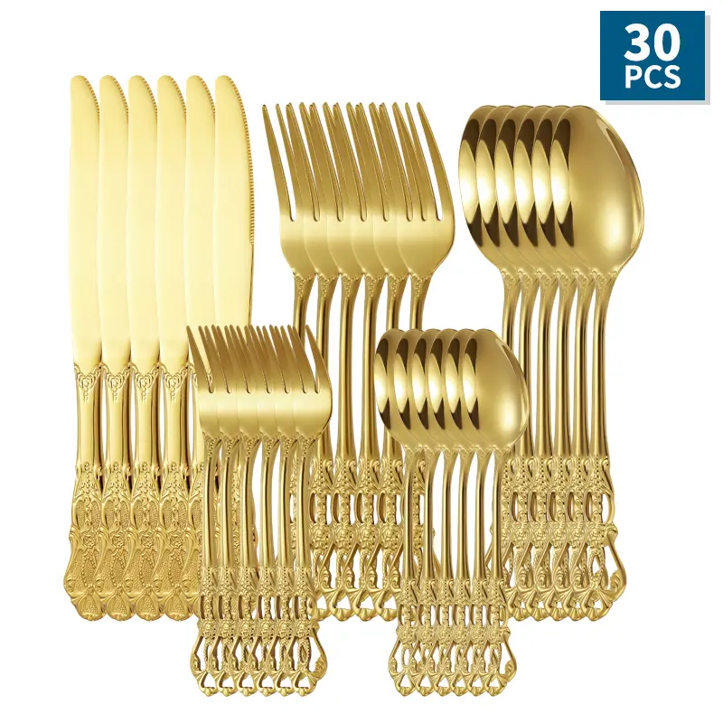 Vintage Royal Golden Stainless Steel 30-Pc Party Cutlery Set, 30 Pcs for Guests with Knife, Fork, Spoon, Coffee Spoon Ready, Fruit Fork, Ideal for Family Gatherings, Birthday Parties, Kitchen Utensils