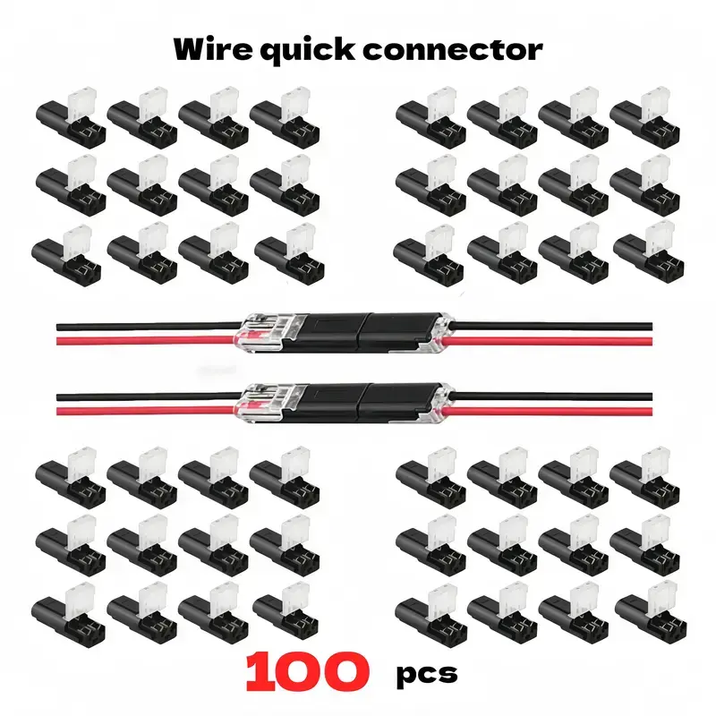 100-Pack Collar Clips & Brooches Solderless Wire Connectors - ABS Plastic Quick Splice Terminal Plug Kit with Locking Buckle Hold, Tool-Free Snap-On Wire Plugs for LED Strip/Low Voltage Lighting, 300V 9A, 1.5mm-2.1mm for Daily DIY Projects, Solderless Con