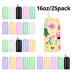 25pcs 16oz Glossy Sublimation Stainless Steel Soda Beer Can with Colored PP Lids Water Bottles Tumbler Mug Portable
