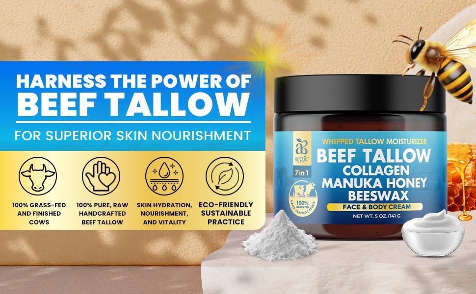 Arctic Beauty Beef Tallow, Collagen, Manuka Honey, & Beeswax - 7 in 1 Natural Face & Body Moisturizing Cream - For Skincare, Elasticity, & Radiance - (5 oz)