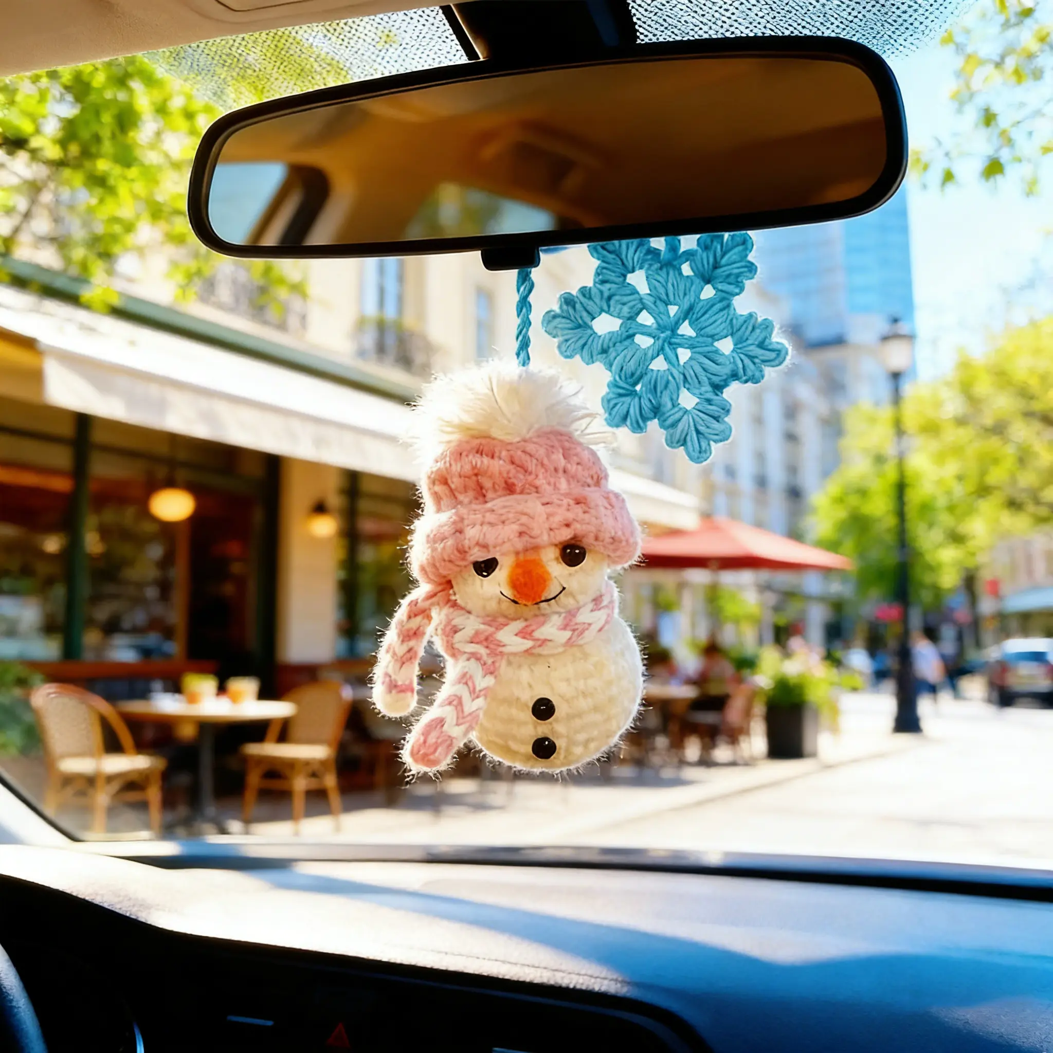 Crochet Snowman Snowflake Car Hanging Ornament | Car Charm Decor | Spring Awakening Amigurumi Sunshine Decor, Aesthetic Car Accessory, Vehicle Decoration