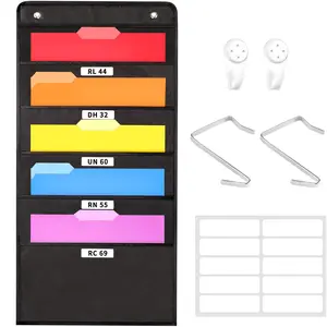 Hanging Wall File Organizer, Storage Pocket Chart for File Folder and Paper, Space Saver for Office and Classroom, with Wall Hangers, Over The Door Hooks, Labels