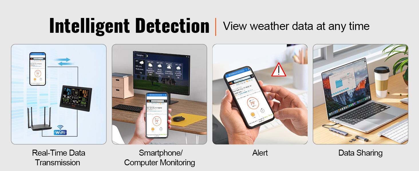 VEVOR 7-in-1 Wi-Fi Weather Station with 7.5 in Digital Display, Solar Wireless Outdoor Sensor, IPX6 Waterproof, Real-Time Data, Alarm Alerts for Temperature, Humidity, Wind Speed-Direction, Rain, Batteries, Indoor-Outdoor Use, Solar Wireless Thermometer,