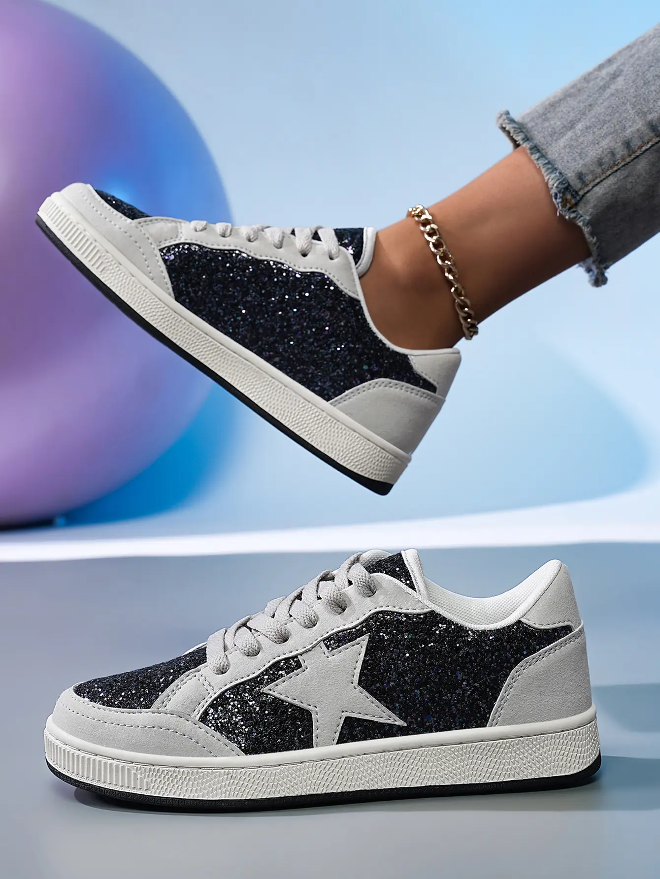 Women's Glitter Star Sneakers, Trendy Retro Style Low-Top PU Upper Lace-Up Footwear for City Casual Parties, Party, Trendy Shoes, Vintage Casual, City Casual Trainers