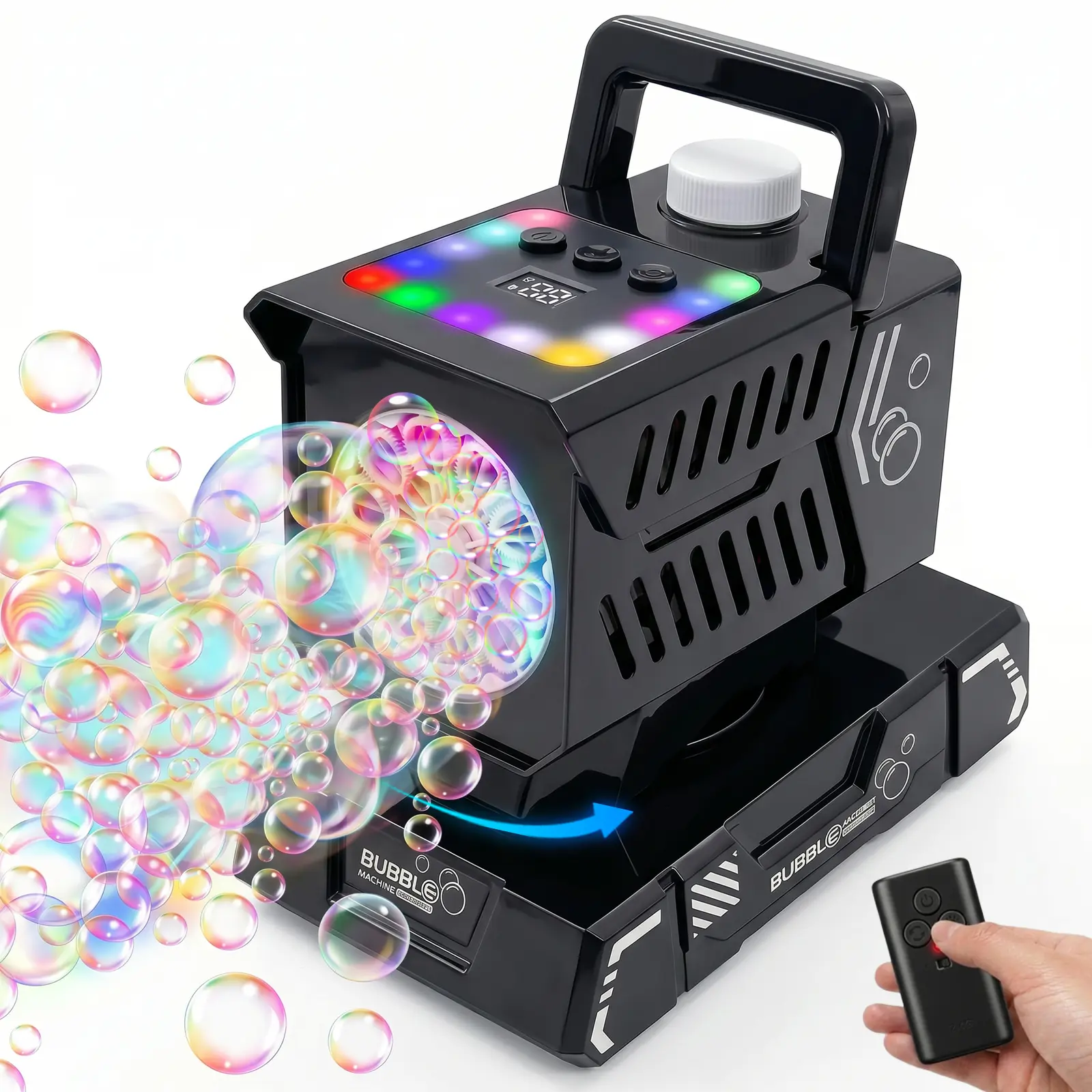 Fikomash Bubble Machine for Kids, Automatic Rotate Bubble Blower, 1800mAh Rechargeable Bubble Maker with Remote & RGB Lights, Portable Bubble Machine for Birthday Parties, Weddings, Outdoor Activities