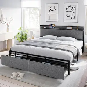 King Size Bed Frame with USB Ports and 2 Storage Drawers, Modern Platform Bed with Upholstered Shelf Headboard, Sturdy, Noise Free, No Box Spring Needed, Gray