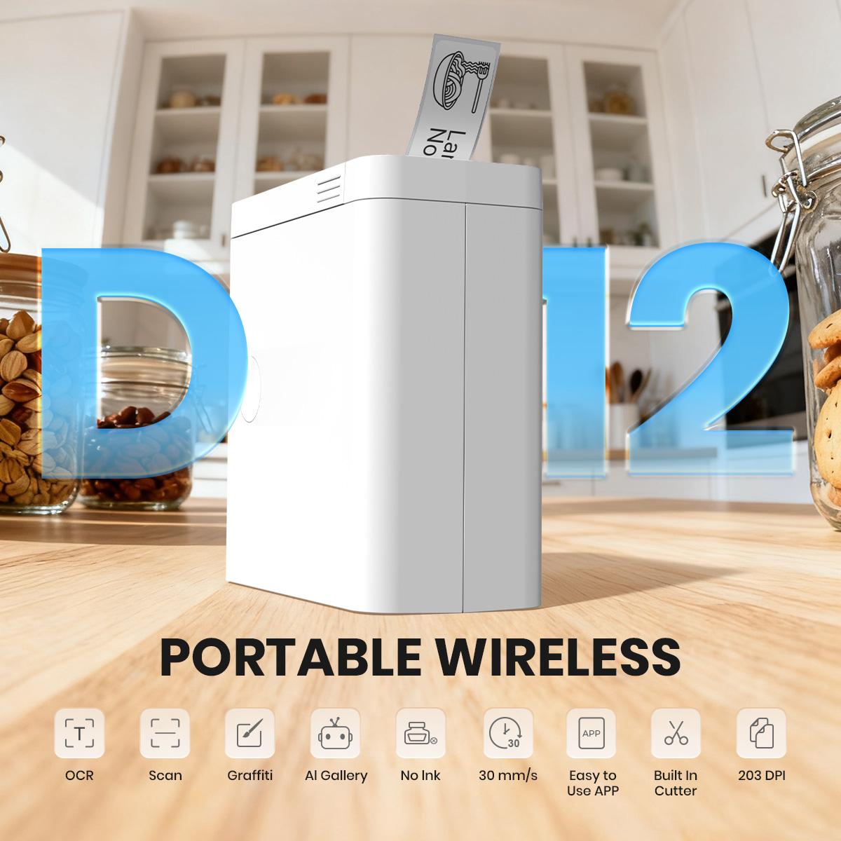 Portable Bluetooth Label Printer, D12 Wireless Handheld Printer with Tape Mini Sticker Maker for Barcodes Storage Office & Home Organization Thermal Printer outdoorfun #SummerVibes