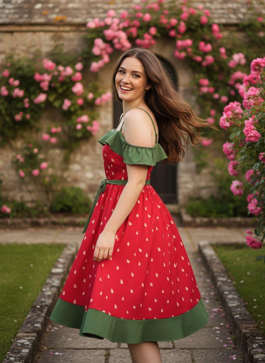 RED 1950S STRAWBERRY RUFFLE BELT DRESS Casual Boho Bohemian Sleeveless Spaghetti Strap Womenswear