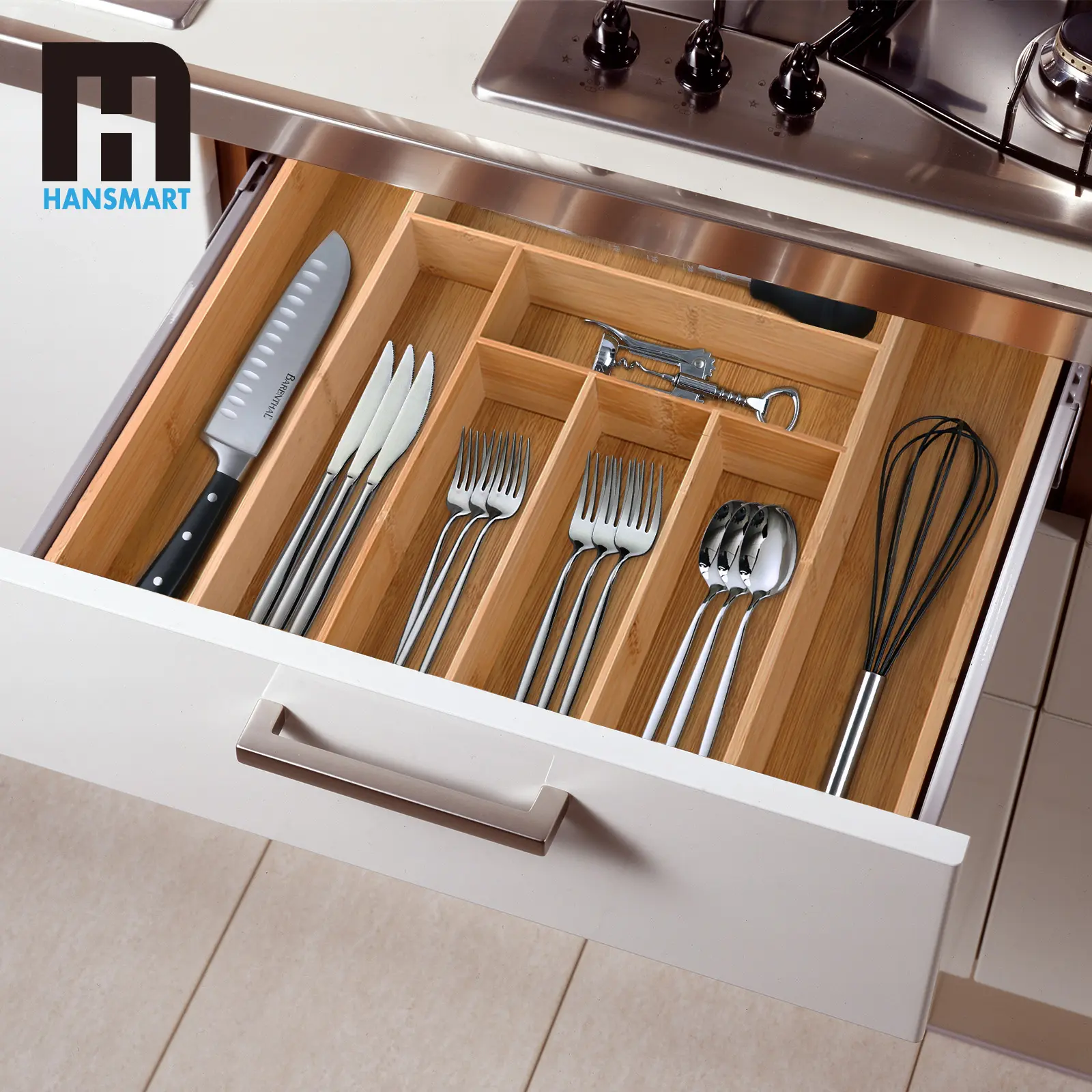 Jumbo Expandable Bamboo Rectangle Drawer Organizer - Adjustable 6-8 Slot Utensils Tray, Durable for Long-Term Use, Warm Kitchen Charm Bamboo Look, Easy-Clean for Busy Homes, Vanity Organization Tool, Kitchen Accessories