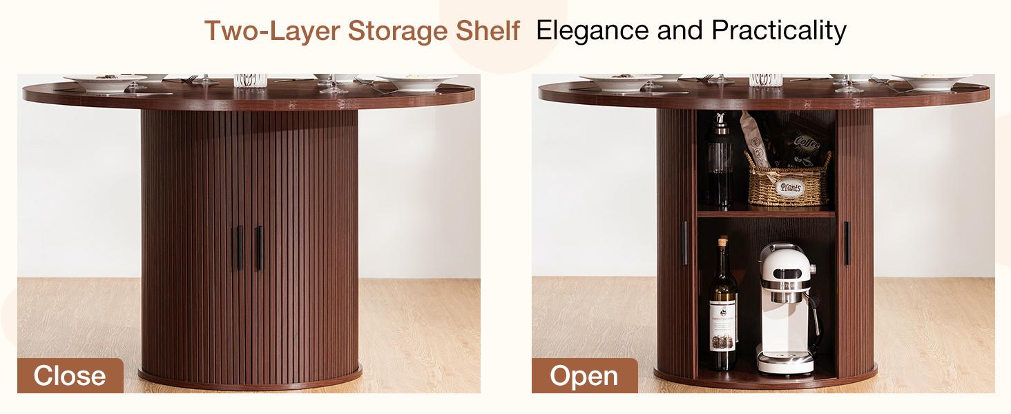 HOMMPA 48'' Round Dining Table for 4 Kitchen Dining Table with Storage Dinner Table with 2-Layer Shelf and Wood Slide Door for Home Dining Room Living Room Dark Walnut
