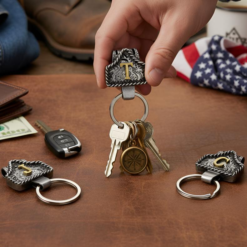Handmade Cow Tag Belt Key Holder with Copper Initial – Custom Western Keychain, Texas-Inspired Fashion Accessory for Bags, Keys & Gifts