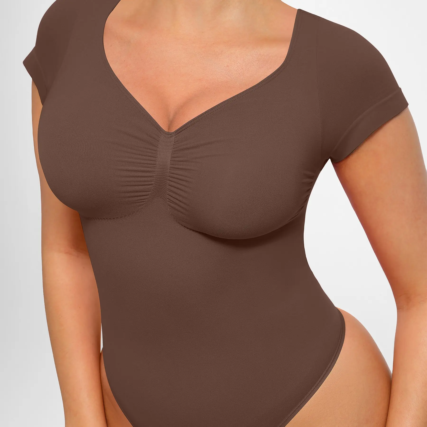 FeelinGirl Women's Short Sleeve Bodysuit for Tummy Control V Neck Seamless Body Suits Thong Going Out Tops