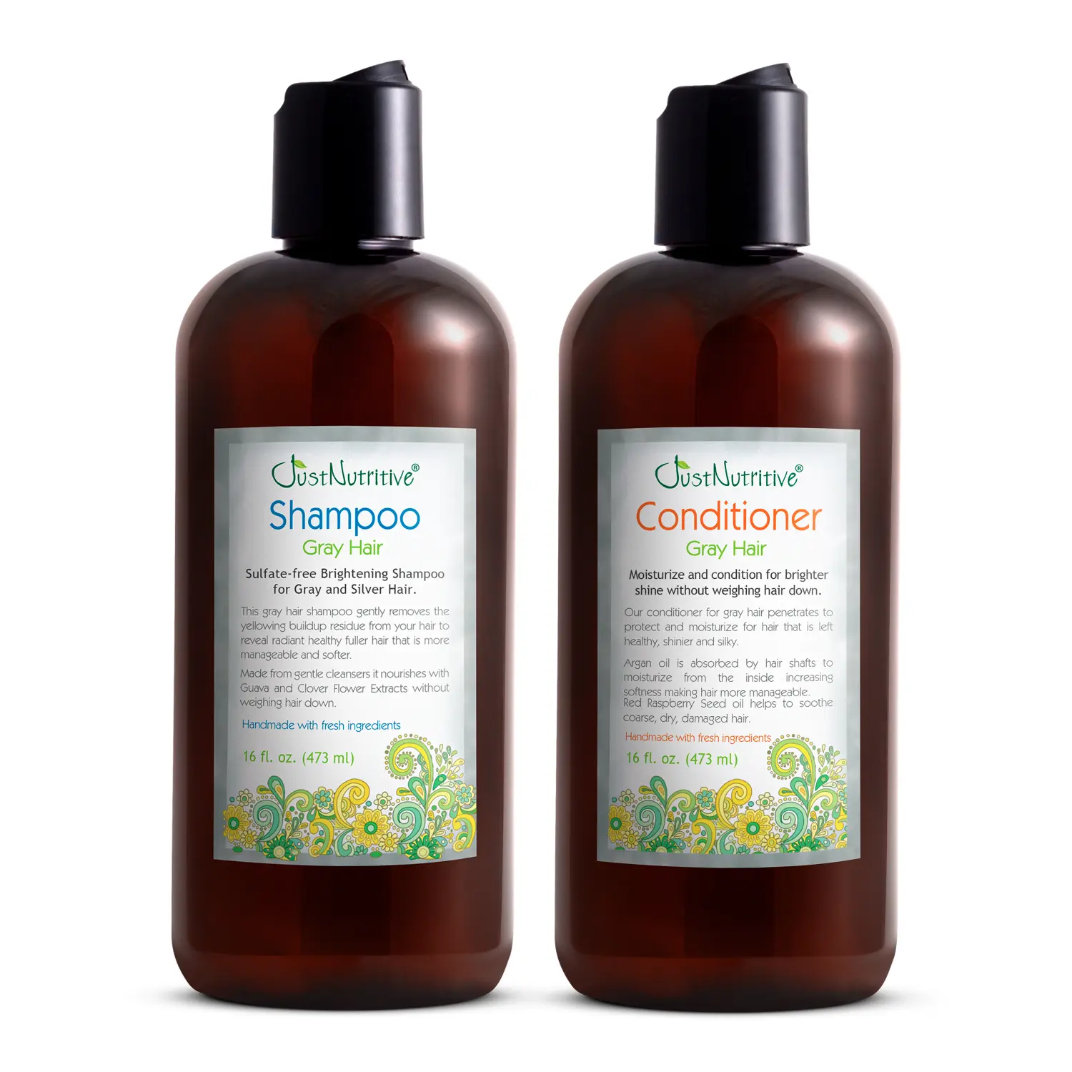 Just Nutritive Gray Hair Shampoo and Conditioner Set, Brightens and Removes Brassiness and Yellowing Without Purple Dye, Avocado Pomegranate and Black Currant Seed Oil, Sulfate Free, Made in USA, 16 oz Each