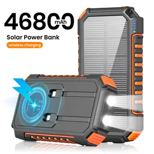 Solar Power Bank, 46800mAh Wireless Battery Bank, 22.5W Fast Charging Portable Charger Built in Cables, PD QC External Battery Pack with USB C for Phone Tablet