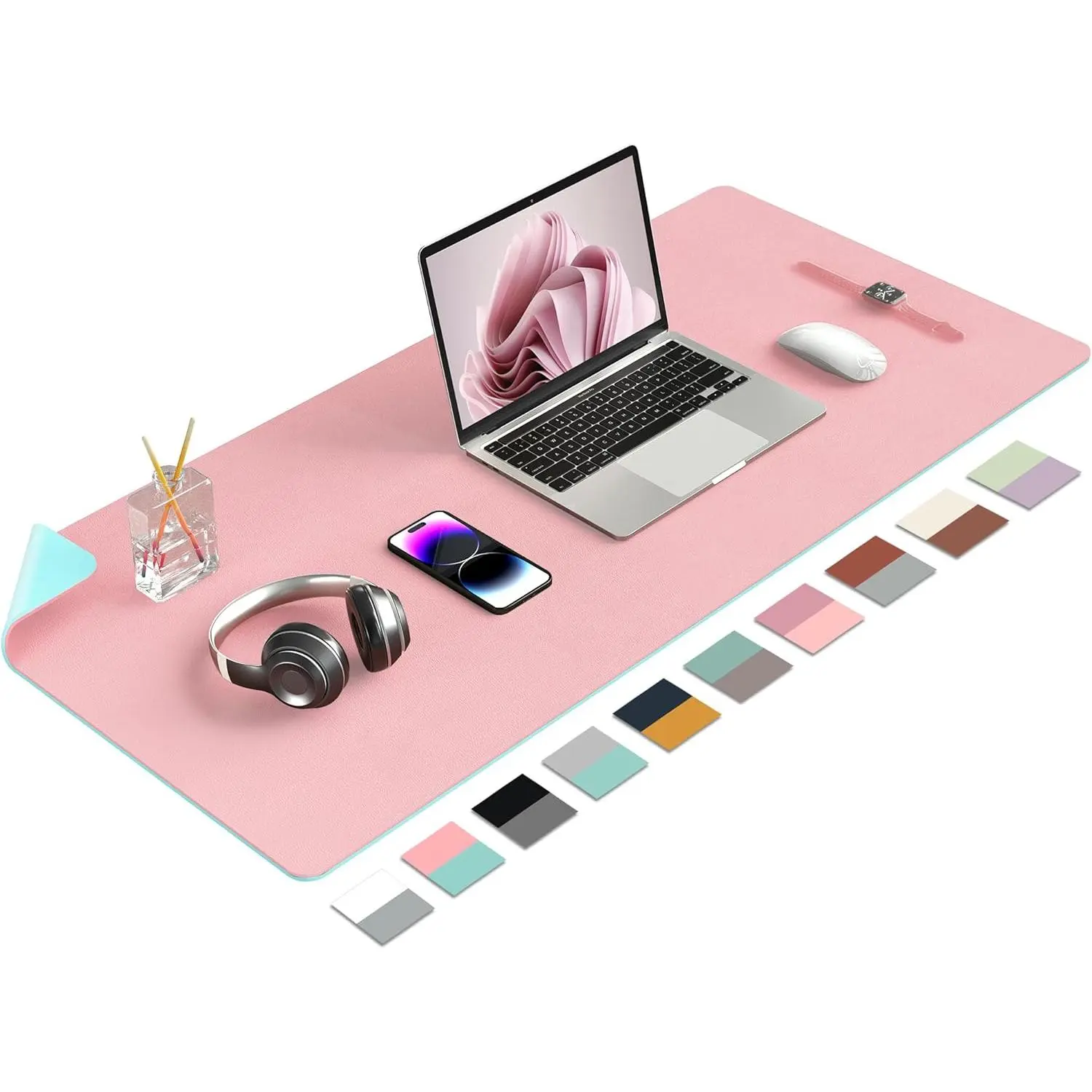 Reversible PU Leather Desk Mat - Non-Slip, Waterproof, Easy-to-Clean, Durable Desk Scratch Guard, Multi-Size 23.6"x13.7" Pink Home Office Accessories for Keyboard & Mouse Protection, Desk Accessories